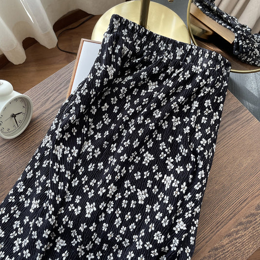 Elastic high-waisted pleated floral print skirt